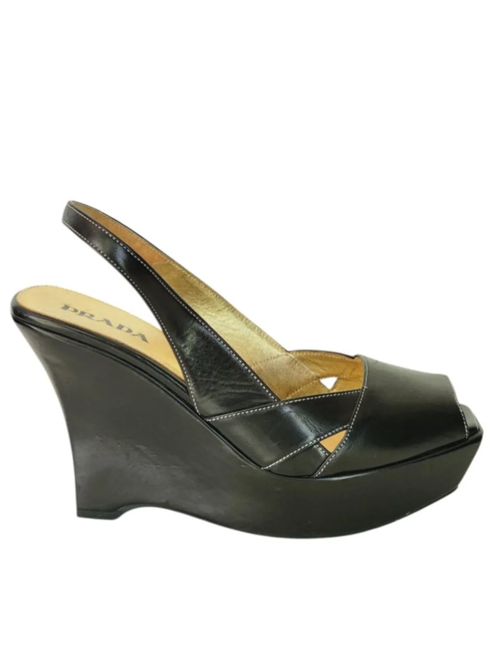 PRADA Black Square Peep Toe Platform Wedge Slingback‎ Sandals Size Size 36.5 6.5